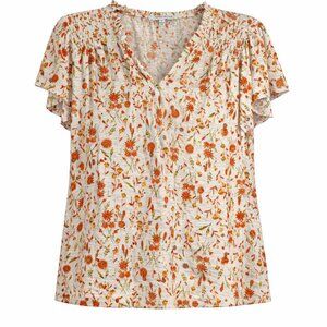 Rose + Olive Ivory Orange Floral Smocked Shoulder Top 1X